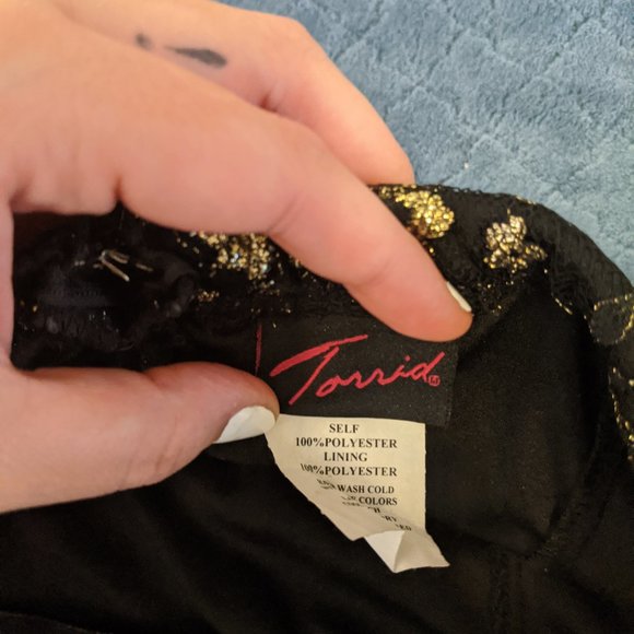 Vintage Torrid Black & Gold Ruched Lace Mini Dress - Picture 2 of 6